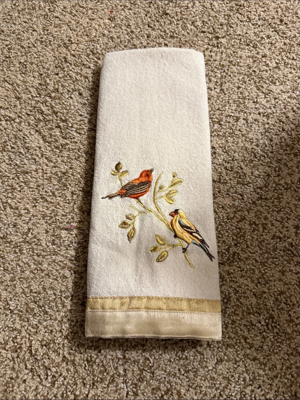 Avanti Creme  Hand Towel with Embroidered Orange and Yellow Birds